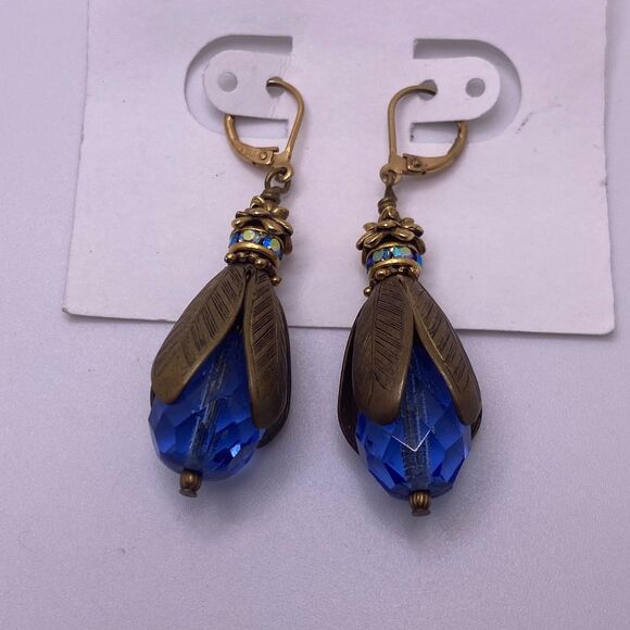 Art Nouveau style 14KGF Earrings With Sapphire Blue faceted Glass drops - Picture 1 of 9